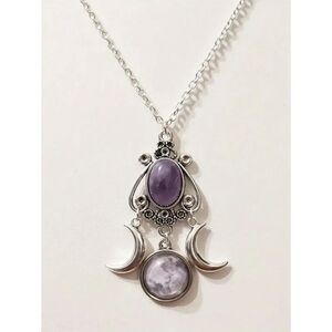 Silver Moon Goddess Necklace Purple Amethyst Gemstone Crystal Pendant Celestial